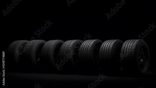 Sleek, black tires arranged in a captivating row against a stark, dark background. A dramatic display of automotive performance and design, emphasizing the tires robust texture and deep tread.