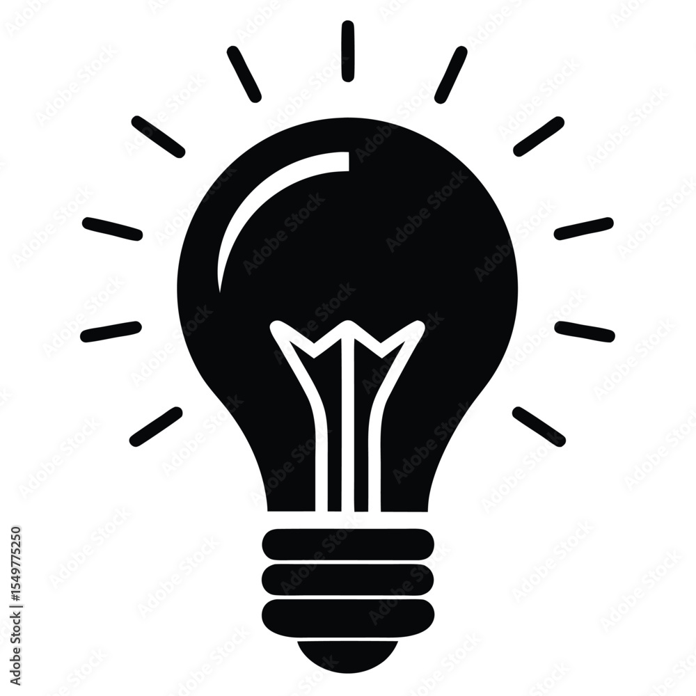 Black silhouette of a glowing light bulb icon, representing innovation, creativity, smart thinking, genius ideas, and intellectual or startup-themed vector illustrations. Black silhouette of a glowing light bulb icon, representing innovation, creativity, smart thinking, genius ideas, and intellectual or startup-themed vector illustrations.