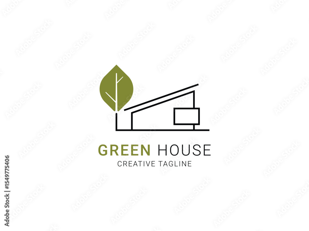 Obraz premium Minimalist green house logo design with house and leaf