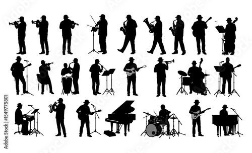 Individuals Playing Various Musical Instruments Including Brass, Strings, Percussion, and Keyboards