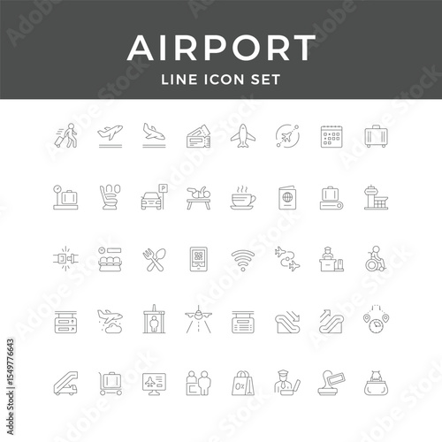 Airport Line Icon Set – Travel, Flight, Terminal, Luggage, Security, Boarding, Airline, Minimal Vector Collection