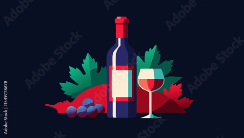 Red Wine Bottle Glass Grapes Leaves Autumn Harvest