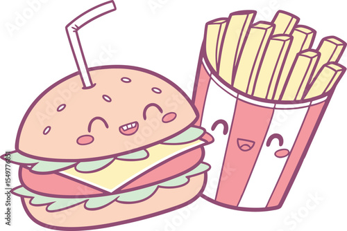 Cute kawaii food characters with burger fries donut and soda in pastel colors. Cartoon snack illustration collection with smiling fast food faces in flat style. Happy food doodle sticker set including