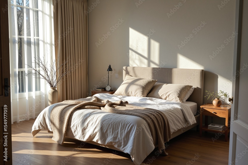 Fototapeta premium Serene Bedroom with Sunlight and Soft Textiles in Neutral Tones