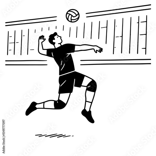Black and white vector illustration of a volleyball player spiking the ball.