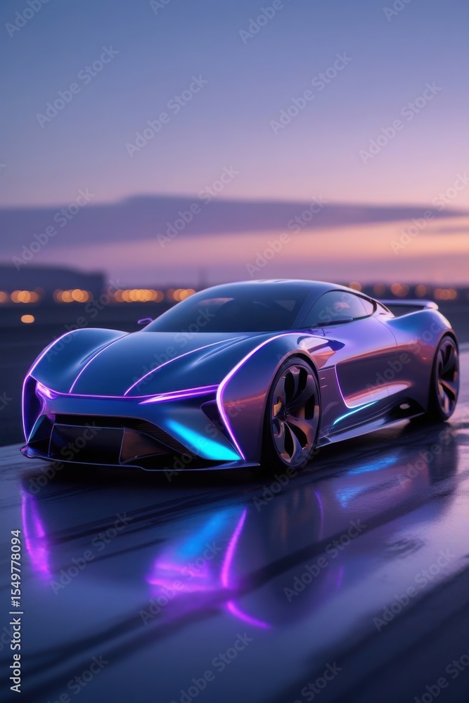 Naklejka premium Futuristic Sports Car at Twilight with Neon Lighting