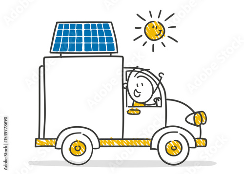 Strichfiguren / Strichmännchen: Elektrofahrzeug, Solarzelle, Lieferung, elektrisch. (Nr. 873)