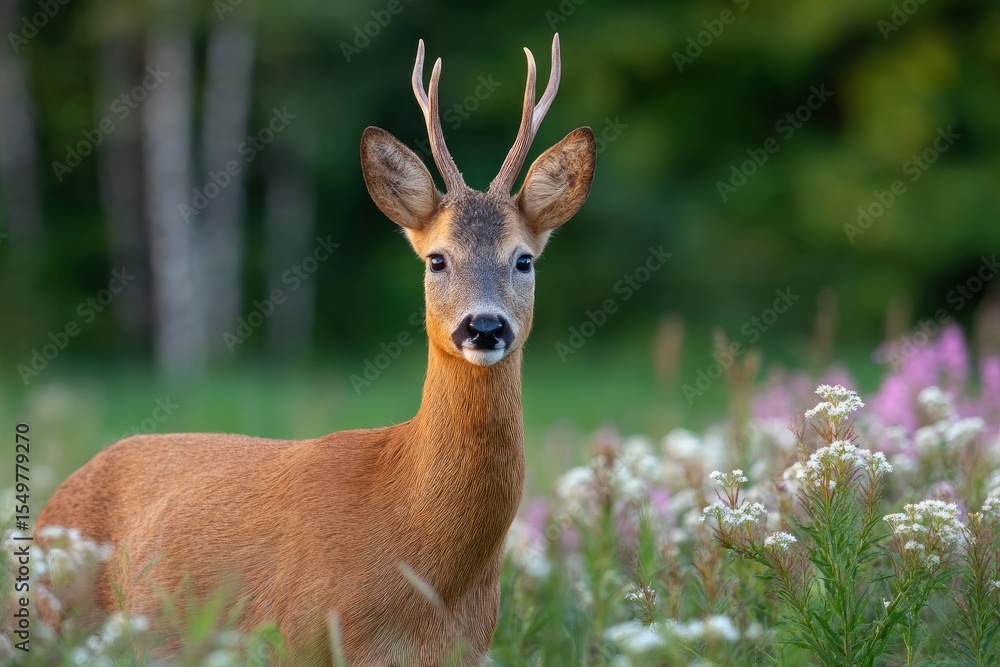 Roe deer portrait in meadow facing forward with short antlers Roe deer portrait in meadow facing forward with short antlers