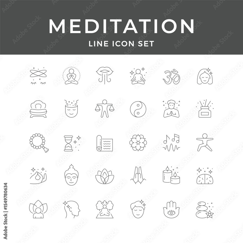Meditation Line Icon Set – Mindfulness, Yoga, Relax, Zen, Wellness, Calm, Spiritual, Minimal Vector Collection Meditation Line Icon Set – Mindfulness, Yoga, Relax, Zen, Wellness, Calm, Spiritual, Minimal Vector Collection