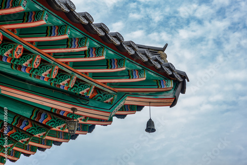 Traditional decorative coloring called dancheong beautifies a Korean temple eave.