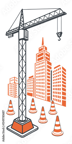 Vector construction crane and traffic cone pattern, city building theme in orange and gray