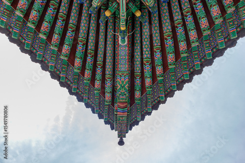 Traditional decorative coloring called dancheong beautifies a Korean temple eave.