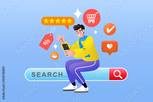 E-commerce search engine optimization concept. A user finds a product through an online search, leading to a successful purchase and a 5-star rating. Metaphor for a successful SEO strategy.