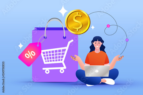 The calm satisfaction of smart online shopping. A happy woman with a laptop gets cashback rewards and discounts, finding the best deals effortlessly. Vector for e-commerce and savings.