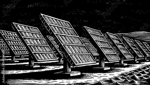 Futuristic solar farm with tilting panels stretching across desert plains, a black and white sketch vector hand drawn