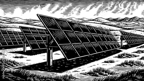 Futuristic solar farm with tilting panels stretching across desert plains, a black and white sketch vector hand drawn