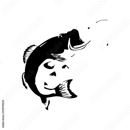 Graphic representation of a jumping fish with its mouth open on a white canvas space.
