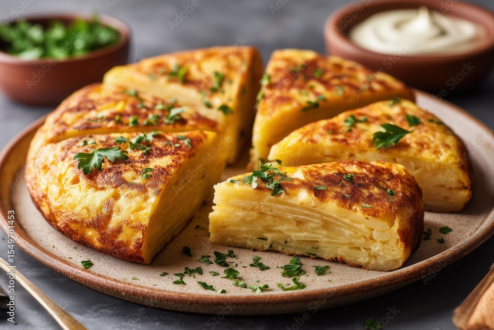 Close-up of a golden-brown tortilla espanola sliced into wedges, served on a rustic ceramic plate with a side of aioli and sprinkled with parsley. Close-up of a golden-brown tortilla espanola sliced into wedges, served on a rustic ceramic plate with a side of aioli and sprinkled with parsley.