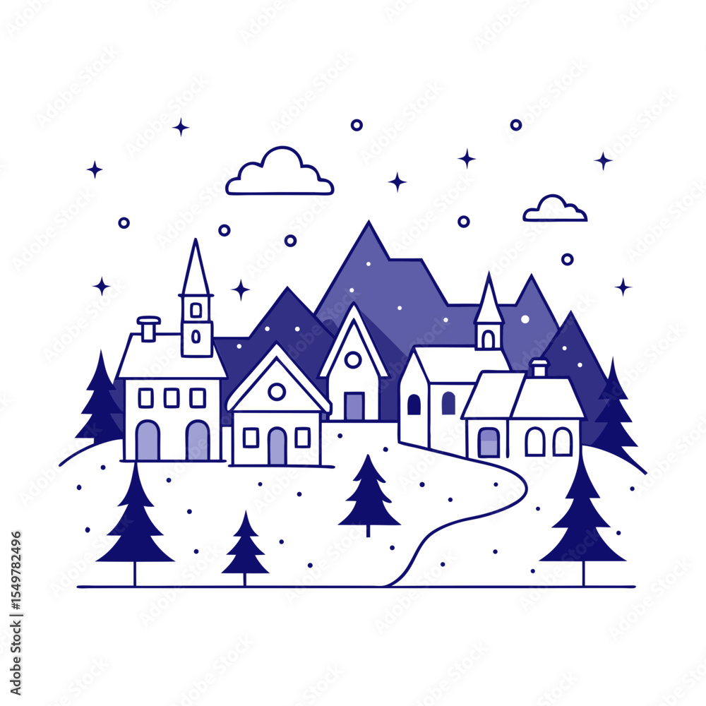 Fototapeta premium Winter village at night vector illustration