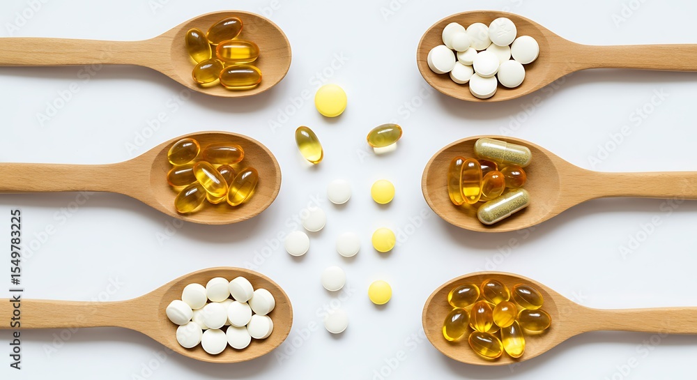 Variety of Dietary Supplements Capsules, Tablets, and Softgels in Wooden Spoons Variety of Dietary Supplements Capsules, Tablets, and Softgels in Wooden Spoons