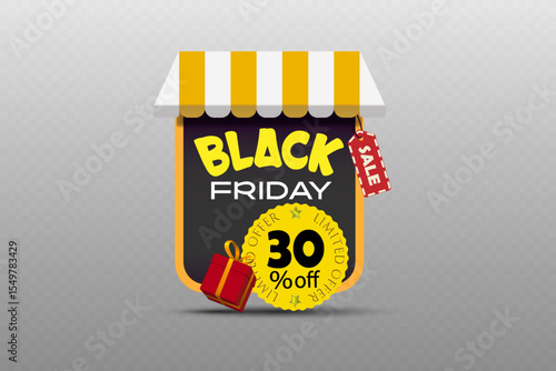 Black Friday sale label with striped awning, discount badge and gift box for shopping and seasonal promotion