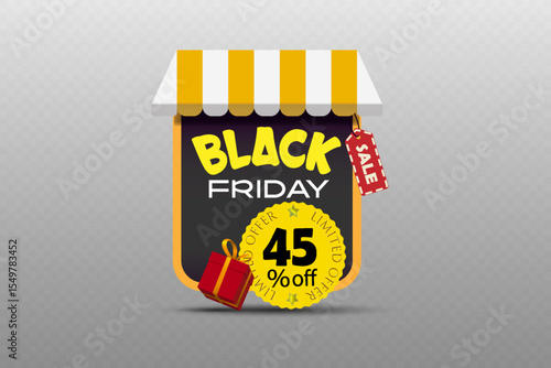 Black Friday sale label with striped awning, discount badge and gift box for shopping and seasonal promotion