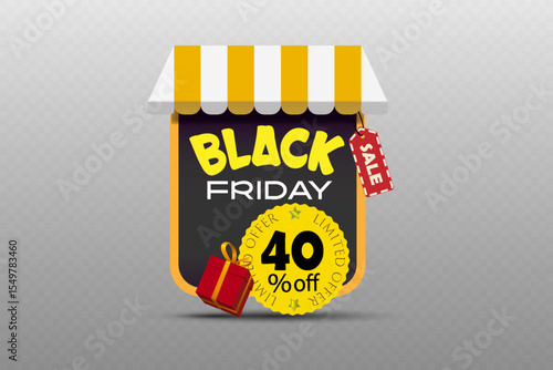 Black Friday sale label with striped awning, discount badge and gift box for shopping and seasonal promotion