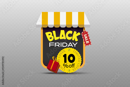 Black Friday sale label with striped awning, discount badge and gift box for shopping and seasonal promotion