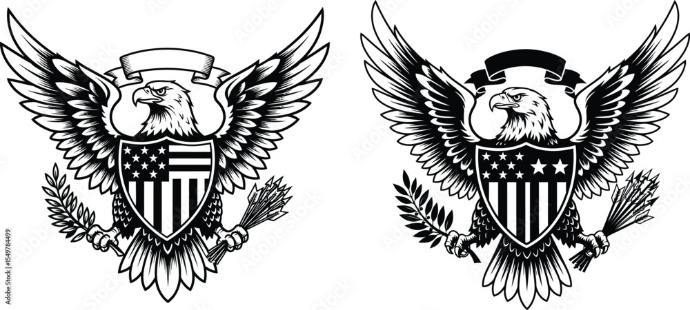 Obraz premium American Eagle Featuring Shield with Stars and Stripes, Banner, and Arrows