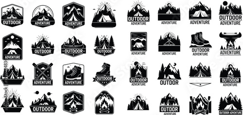 Assorted Badges Featuring Mountain Scenery, Camping Gear, and Adventure Themed Icons