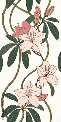 Seamless pattern of Rhododendron flower arranged beautifully and decorated with vines