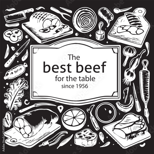 Butchery Shop Chalk Board Design Template. Vector Hand Drawn Meat Banner. Vintage Style Bar B Q Menu Illustration