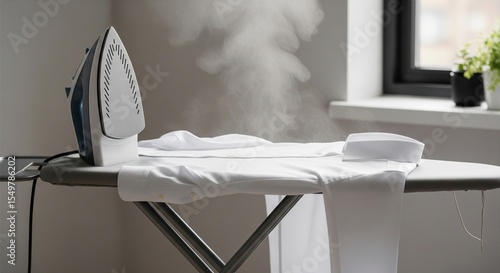 Minimalistic ironing board with a freshly ironed shirt and steam in the air
