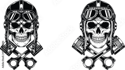 Biker Skull with Helmet, Goggles and Crossed Pistons Illustration