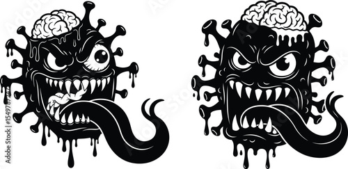 Cartoonish Virus Characters with Brains, Sharp Teeth, and Menacing Expressions Art