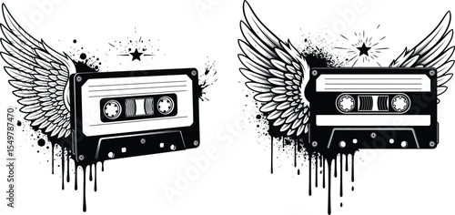 Cassette Tape with Wings, Grunge Splatters, and Retro Music Design Element