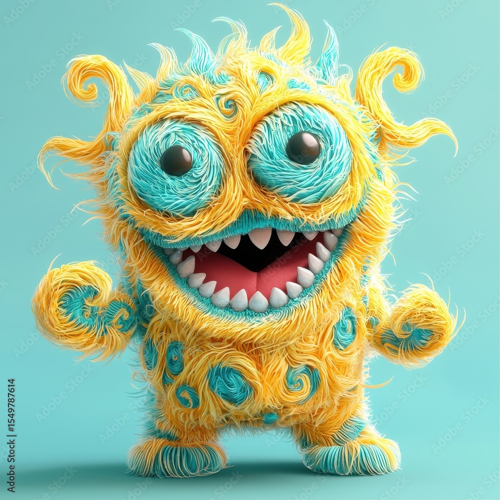 Fototapeta premium Joyful monster with pastel yellow and turquoise fur in swirly patterns
