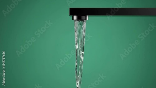 Modern Black Faucet Flowing Water on Green Background: Clean Water Concept