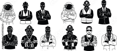 Collection Diverse Group of Professionals with Folded Arms, Astronaut, Builder, and Doctor