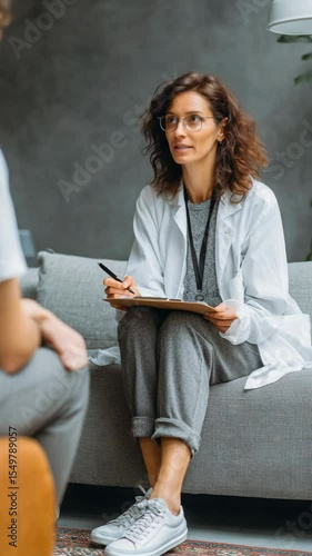 A therapist listens attentively, taking notes during a mental health counseling session.