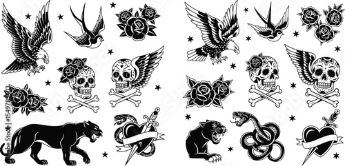 Collection of Classic Tattoo Designs Eagle, Swallow, Skull, Rose, Panther, Heart, and Snake