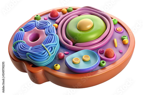 3D plastic animal cell with labeled parts and cartoon organelles, simplified for kids, on transparent background