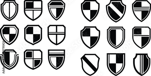 Collection of Outlined Heraldic Shield Icons, Assorted Emblems for Protection and Security
