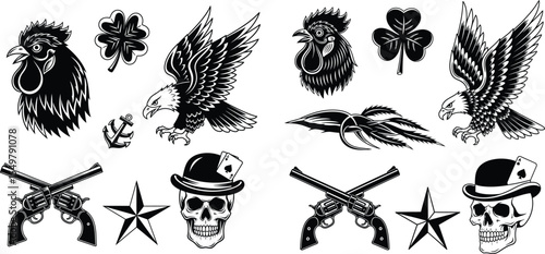 Collection of Tattoo Style Graphics Eagle, Rooster, Revolvers, Skull, Clover, Anchor, and Star