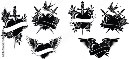 Collection of Tattoo Designs Featuring Hearts, Swords, Banners, Wings, Flowers and Bird