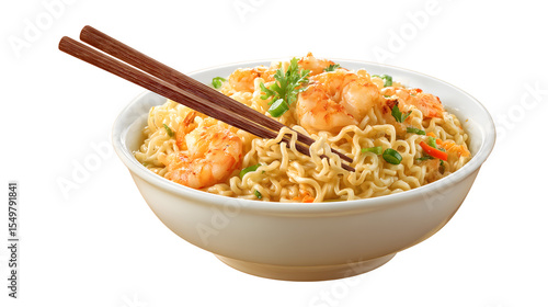 A bowl of instant noodles and shrimps with chopsticks isolated on a white background