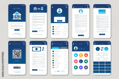Advanced Banking App Interface Design Displayed on Smartphone Screen. Templates for Online Banking: A collection featuring financial management, credit card services, payments, and banking features.