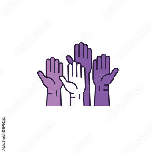 A simple illustration of a group of hands raised in the air.