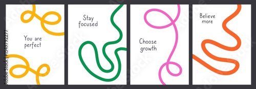 Abstract playful minimalistic background with wavy line. Poster with organic curvy curly stripe with motivate quote. Wave line art