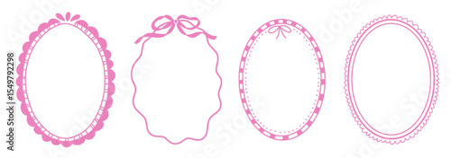 Oval whimsical wavy scallop frame with bow tie in doodle trendy style. Charming elegant outline border for greeting cards.